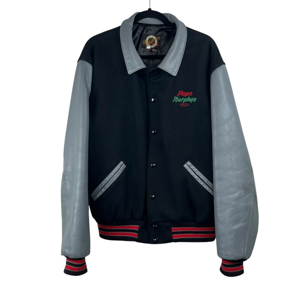 1990 Vintage Dehen Papa Murphys Black Gray Leather Wool Varsity Bomber Jacket XL